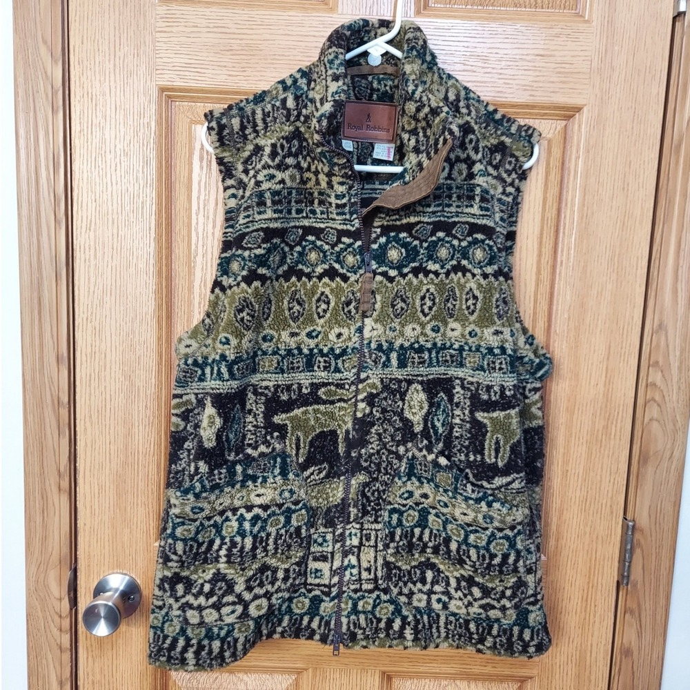 Royal Robbins Vintage Fleece Vest Large Green Brown Moose‎ Tapestry Full Zip